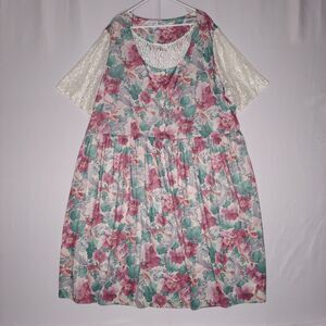 Roamans Dress 4X Blue Green Floral Short Lace Sleeve Cottage Grandma Pocket Midi